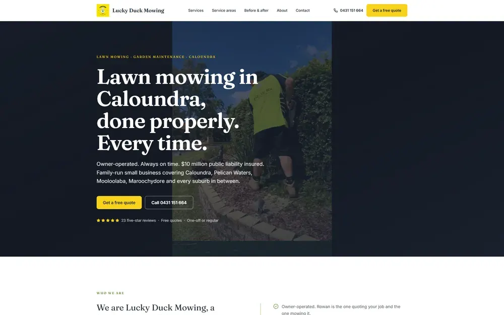 Homepage of the rebuilt Lucky Duck Mowing website