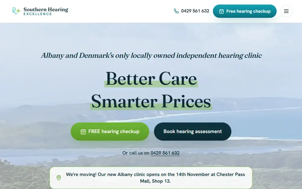 Homepage of the rebuilt Southern Hearing Excellence website